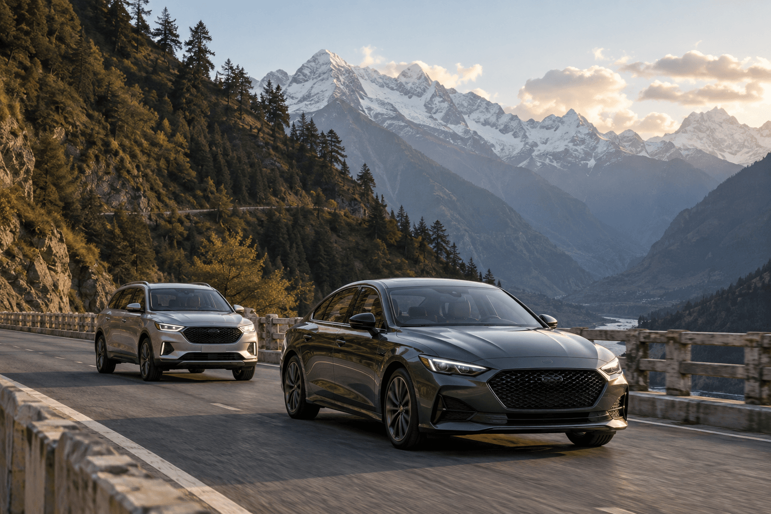 Vehicles with graphene surface protection driving on mountain road