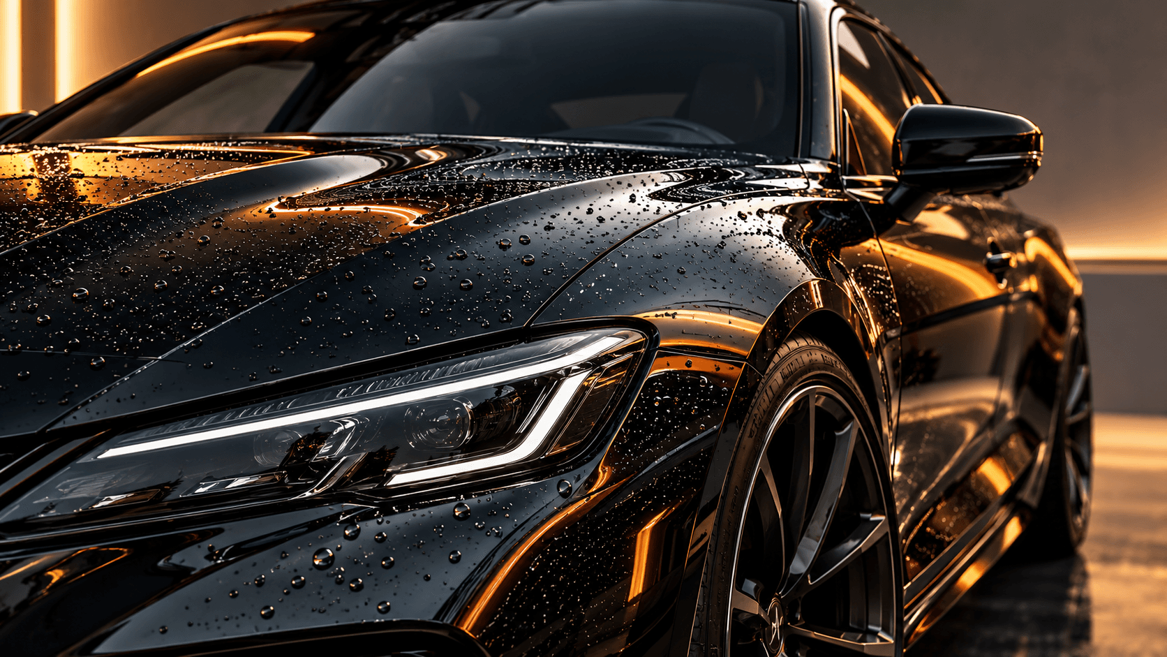 Glossy black vehicle with hydrophobic water beading after automotive surface protection.